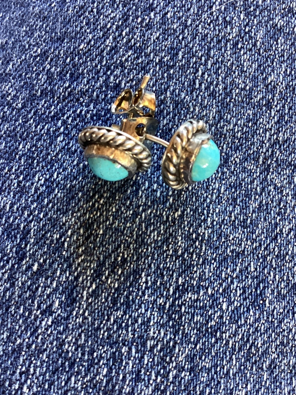 Earrings Native American made sterling silver matched natural turquoise stones